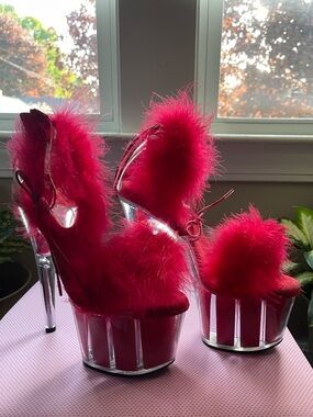 Pleaser Adore-724F Clear Red Marabou Fur 7" Platform Sandals NIB